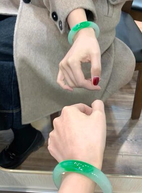 天然翡翠手镯女款冰糯种正阳绿缅甸玉镯子正圈镯飘花玉石手镯送礼