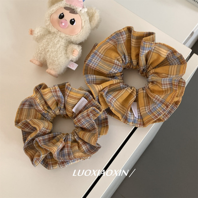 韩系黄色格子双层丸子头大肠发圈