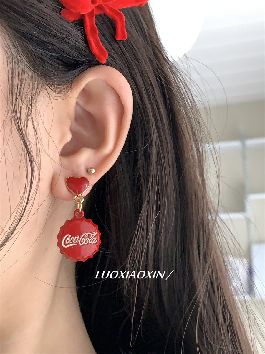 韩国ins饰品新年过年红色爱心瓶盖小众设计耳环耳饰耳坠女