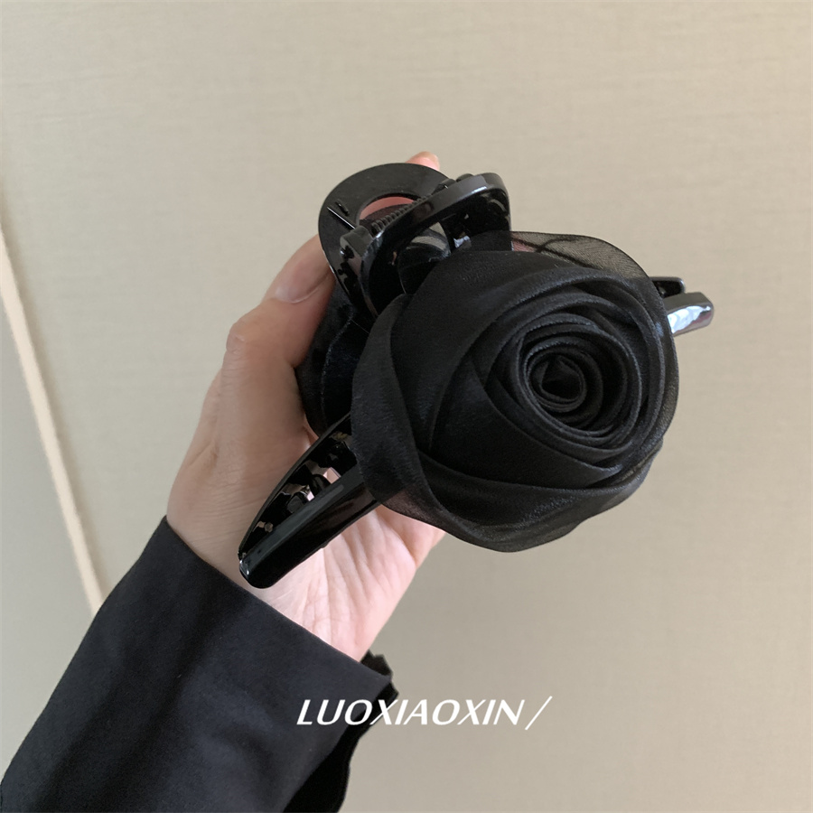 罗小辛 浪漫优雅法式黑色玫瑰花抓夹女后脑勺鲨鱼夹盘发夹子发卡