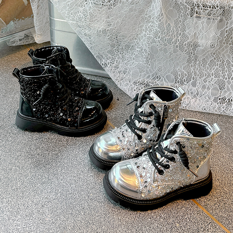 黑色女童短靴亮片水晶爵士舞蹈鞋银色闪闪公主靴中大童时装马丁靴