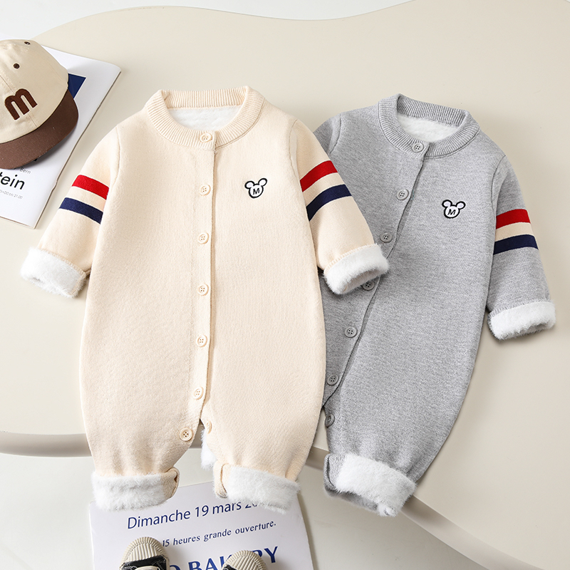 2025婴儿纯棉连体衣针织衫爬行服哈衣男女童毛衣外出服一体绒毛衣