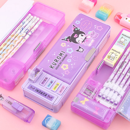 一正库洛米多功能收纳笔盒YZ8888学生女孩创意卡通流沙双面文具盒