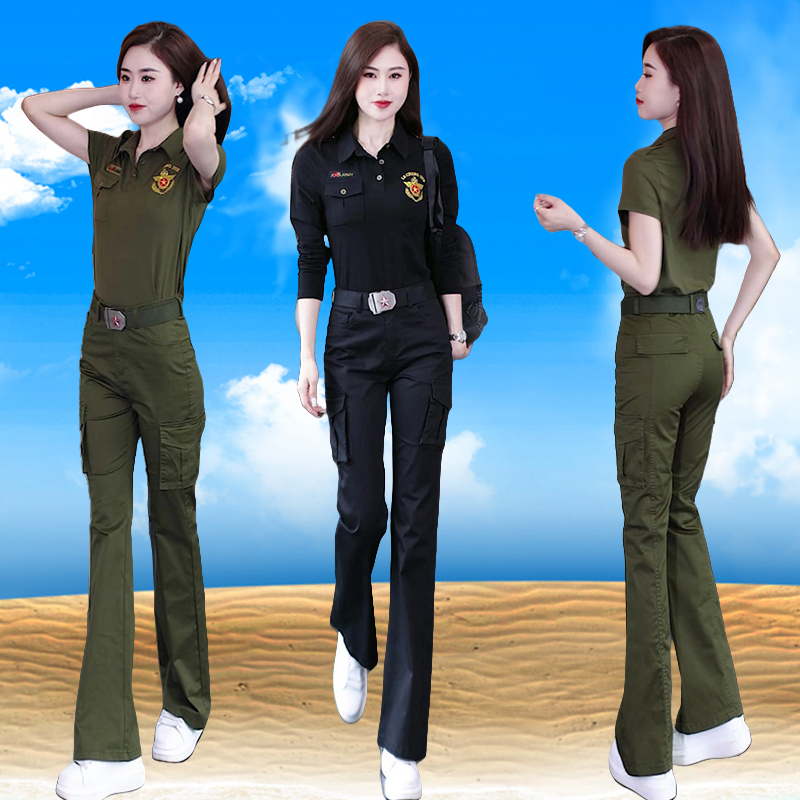 时尚迷彩服女长袖套装春秋新款工装直筒长裤减龄微喇裤短袖两件套