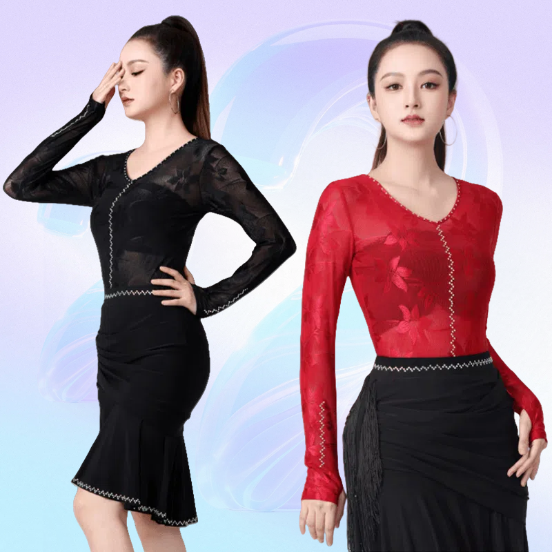新款拉丁舞服女长袖提花连体上衣