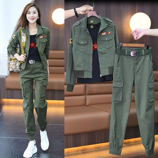 迷彩服三件套女2025春秋新款纯棉套装小个子水兵舞休闲束脚工装裤