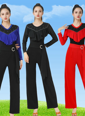 广场舞吉特巴舞蹈服装女新款长袖三步踩时尚长裤荷叶边演出服套装