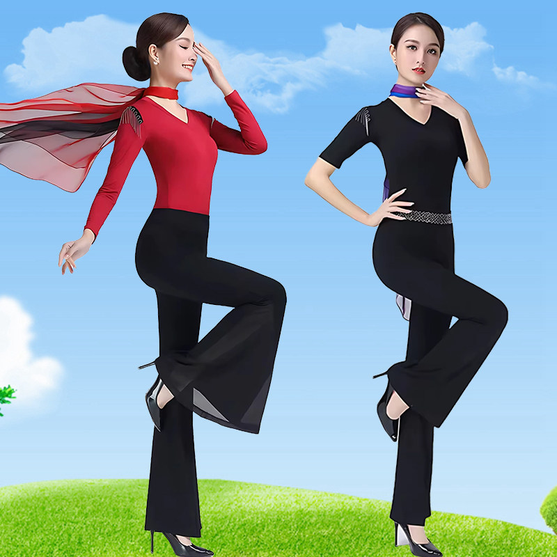 女V领形体服套装喇叭裤舞蹈练功