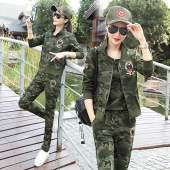 迷彩服休闲运动服套装 显瘦军旅户外三件套潮 女纯棉弹力水兵舞修身