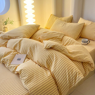 简约暖黄色条纹全棉色织水洗棉居家四件套100%纯棉被套床单三件套