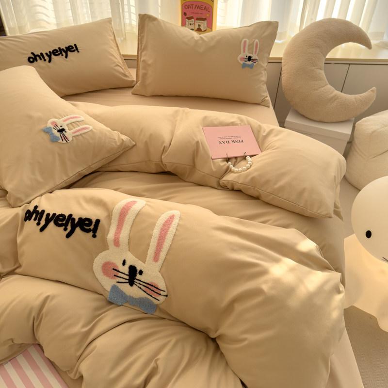 可爱长耳兔~毛巾绣纯色日式水洗棉四件套纯棉被套学生宿舍三件套