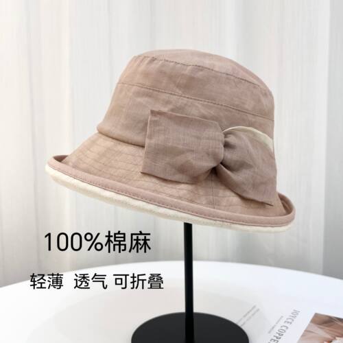 100%棉麻遮阳帽女士春夏轻薄蝴蝶结渔夫帽防紫外线透气出游盆帽新