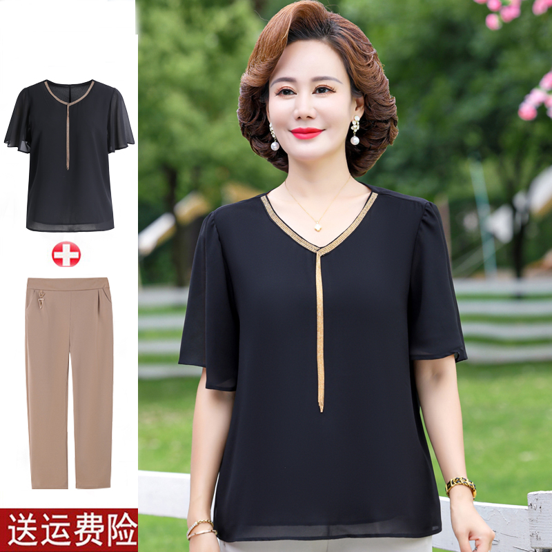 妈妈夏装套装洋气2023新款中老年女装夏季时尚短袖冰丝雪纺衫上衣