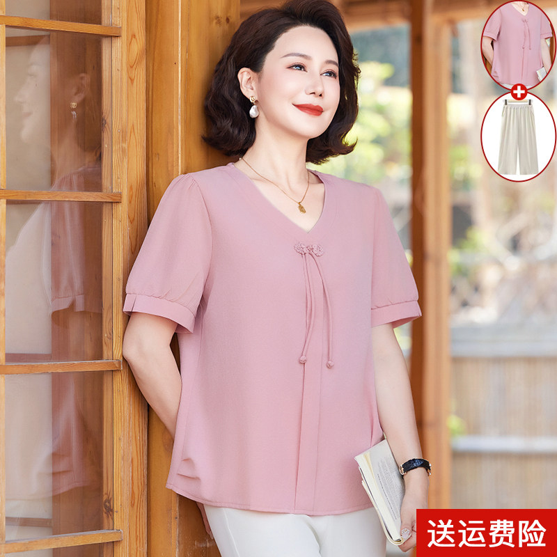妈妈夏季短袖雪纺小衫时尚显瘦中老年女夏装洋气质减龄T恤上衣薄