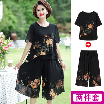 洋气中老年短袖雪纺两件套装