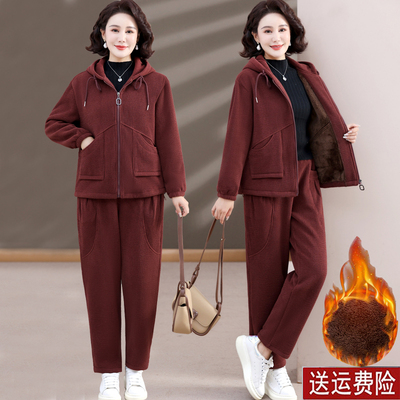 妈妈装秋冬加绒加厚纯色套装连帽