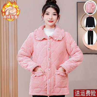 妈妈装冬装加绒加厚棉衣外套睡衣