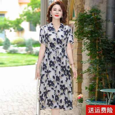 妈妈装夏季短袖时尚雪纺连衣裙女