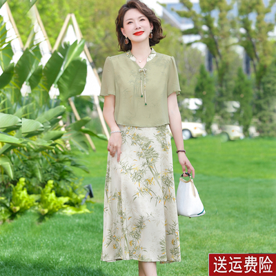 妈妈装夏装时尚假两件雪纺连衣裙