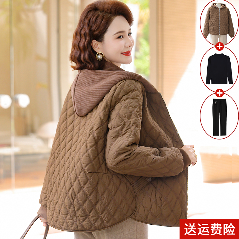 妈妈装冬季加绒加厚连帽格子棉衣