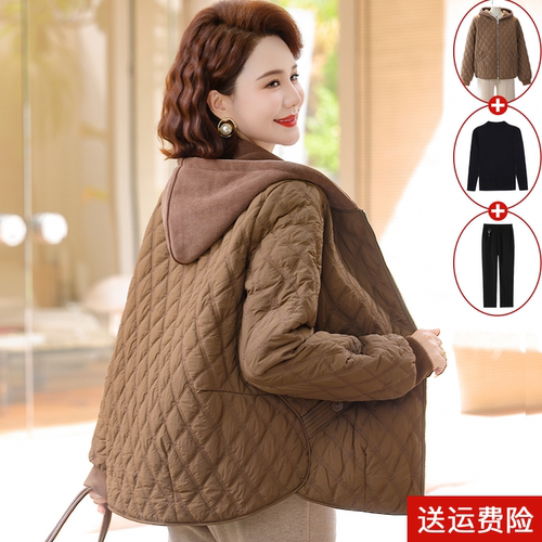 妈妈装冬季加绒加厚连帽格子棉衣