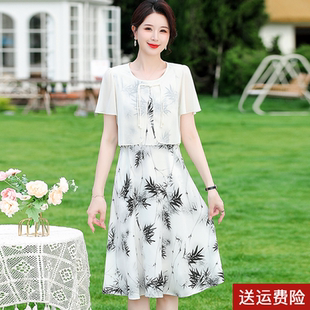 新中式妈妈夏装假两件连衣裙夏季新款中老年女士年轻时尚雪纺裙子