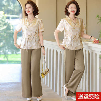 妈妈装夏装短袖国风时尚套装雪纺
