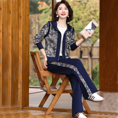 妈妈装春秋时尚运动服翻领套装女