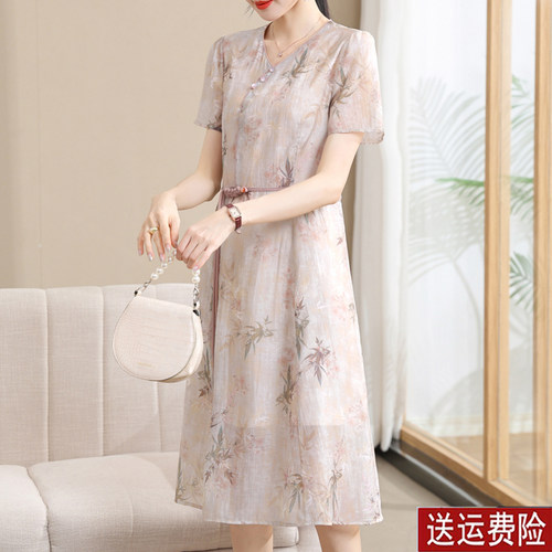 妈妈装夏装短袖时尚雪纺连衣裙女