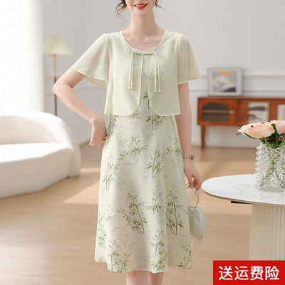 妈妈装夏季国风短袖连衣裙假两件