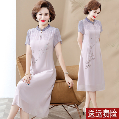 妈妈装夏装时尚短袖雪纺连衣裙女