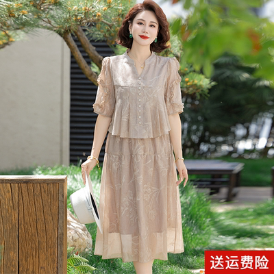 妈妈装夏季短袖国风两件套连衣裙