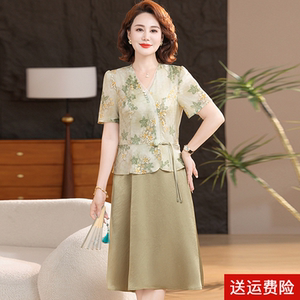 洋气妈妈国风印花连衣裙中年女夏装2025新款中老年气质假两件裙子