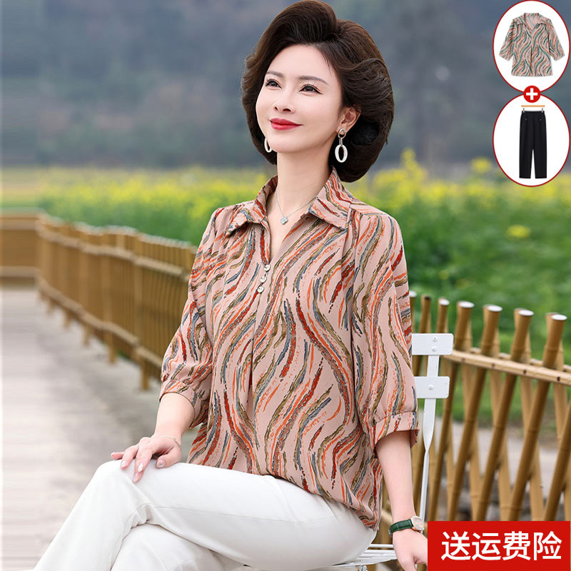 妈妈夏装短袖衬衫中年妇女洋气雪纺小衫中老年人中袖T恤宽松套装
