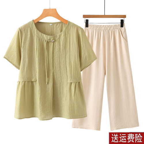 妈妈装夏装短袖棉麻纯色两件套女