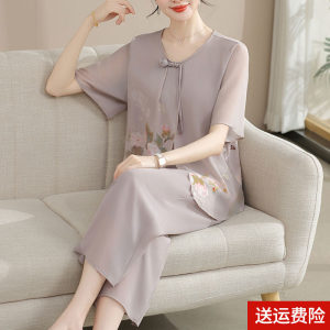 妈妈装夏装短袖雪纺套装穿国风女