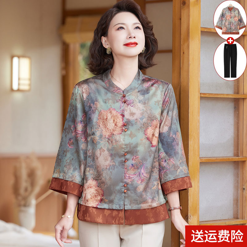 新中式妈妈装春装时尚七分袖上衣中老年人女夏季洋气国风薄款小衫