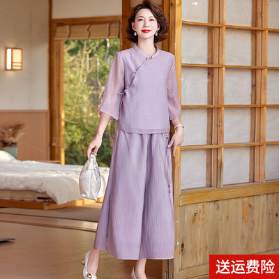 妈妈装夏季国风两件套裤裙纯色女