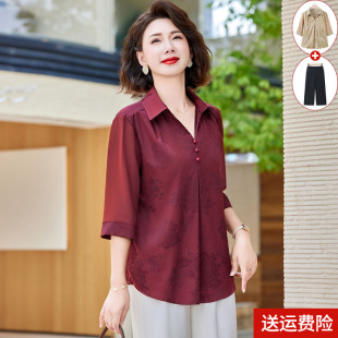 妈妈夏装中袖桑蚕丝T恤上衣洋气新款中老年女套装阔太太真丝衬衫