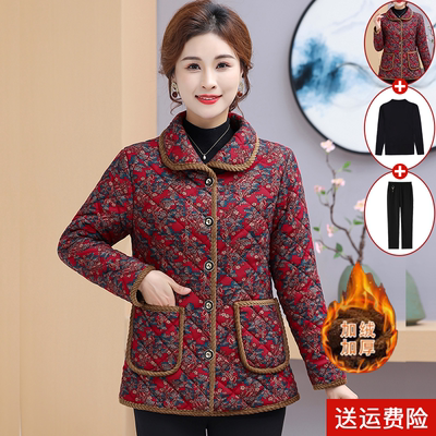 妈妈装秋冬加绒加厚棉衣外套碎花