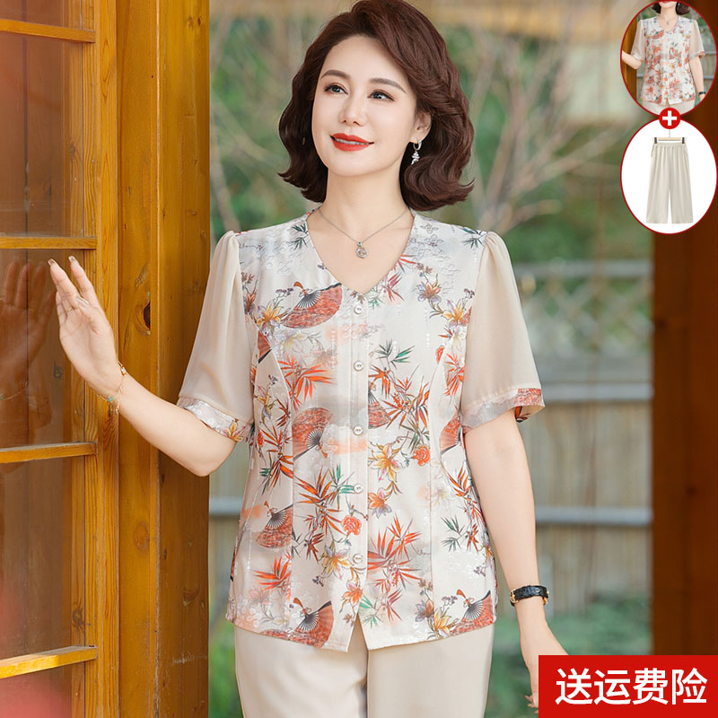 中年妈妈夏装短袖T恤中老年女装母亲节印花雪纺小衫2025新款上衣