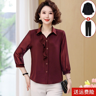 妈妈夏装 宽松上衣中老年春秋国风雪纺小衫 套装 衬衫 女 时尚 中年女装