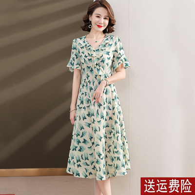 妈妈装夏装时尚雪纺短袖连衣裙女