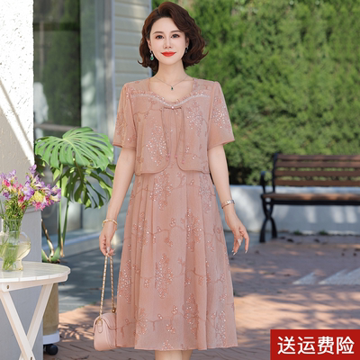 中老年女装短袖减龄雪纺大气裙子