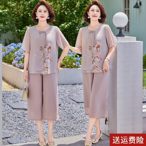 新中式妈妈夏装套装雪纺小衫短袖