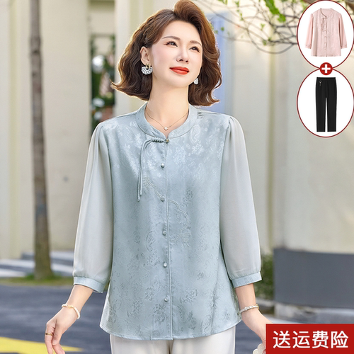 中式衬衫中老年女春洋气纱袖小衫