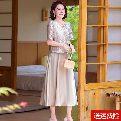 妈妈装夏装短袖两件套连衣裙国风