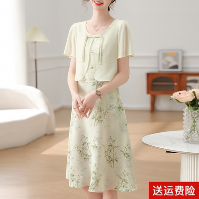 妈妈装夏季短袖雪纺两件套连衣裙