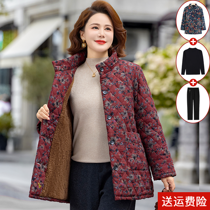 妈妈装冬季加绒加厚棉衣保暖中长