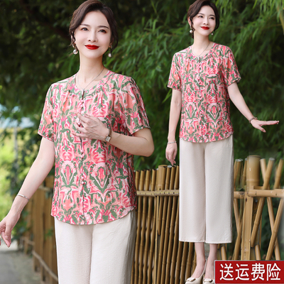 妈妈装夏装短袖时尚棉麻两件套女